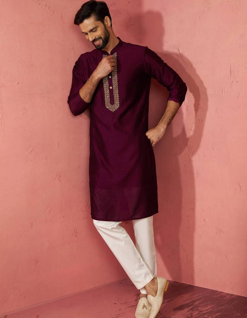vastramay men's wine silk kurta with cream pyjama - embroidered festive set