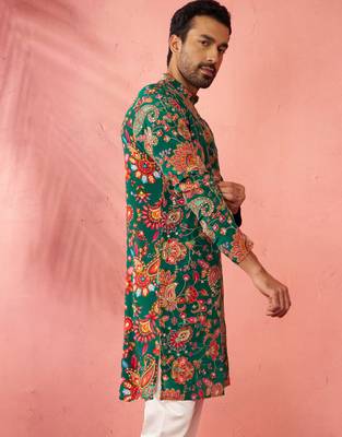 green printed & embroidered crepe kurta | diwali wedding festive wear 4