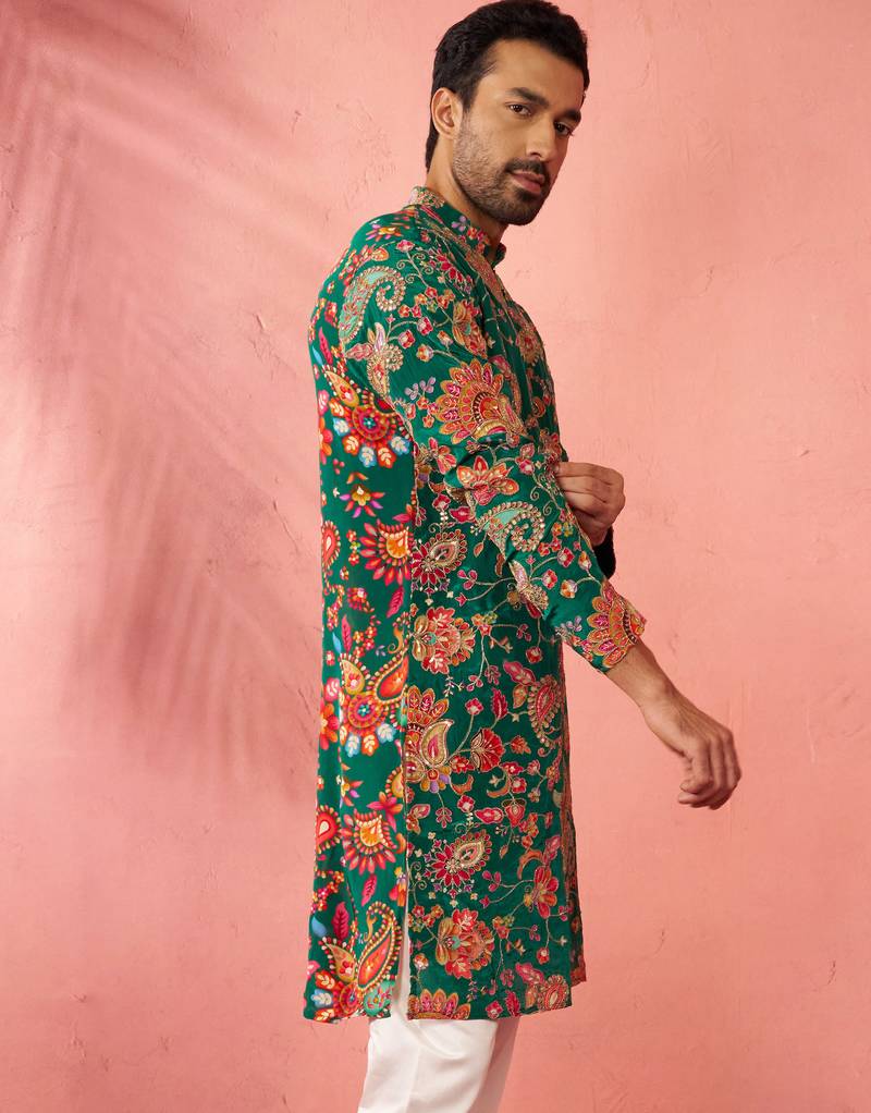 green printed & embroidered crepe kurta | diwali wedding festive wear