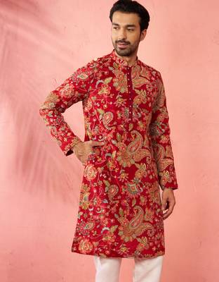 maroon printed & embroidered crepe kurta | diwali wedding festive wear 4