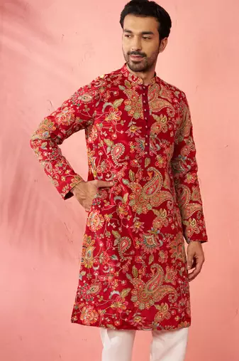 maroon printed & embroidered crepe kurta | diwali wedding festive wear