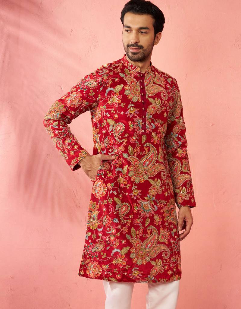 maroon printed & embroidered crepe kurta | diwali wedding festive wear