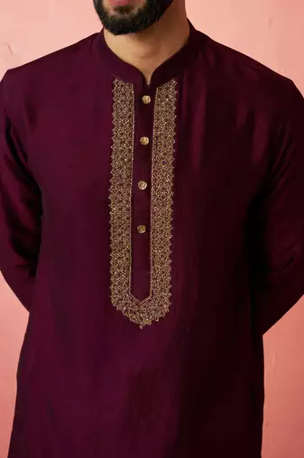 vastramay men's wine silk kurta with cream pyjama - embroidered festive set