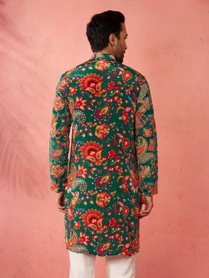 green printed & embroidered crepe kurta | diwali wedding festive wear 5