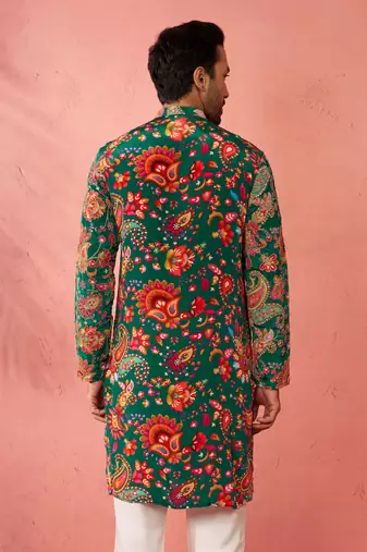 green printed & embroidered crepe kurta | diwali wedding festive wear