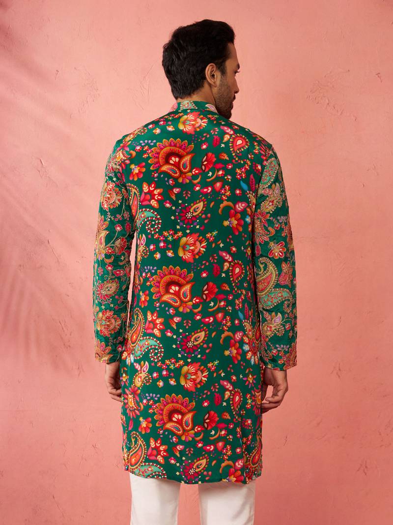 green printed & embroidered crepe kurta | diwali wedding festive wear