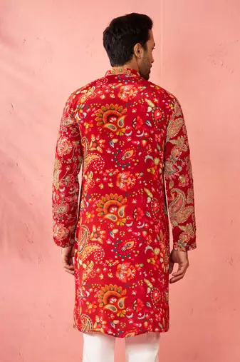 maroon printed & embroidered crepe kurta | diwali wedding festive wear