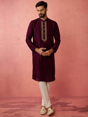 vastramay men's wine silk kurta with cream pyjama - embroidered festive set 3