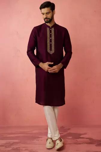 vastramay men's wine silk kurta with cream pyjama - embroidered festive set