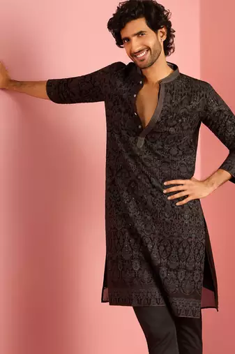 black kashmiri embroidered georgette kurta | wedding eid festive wear