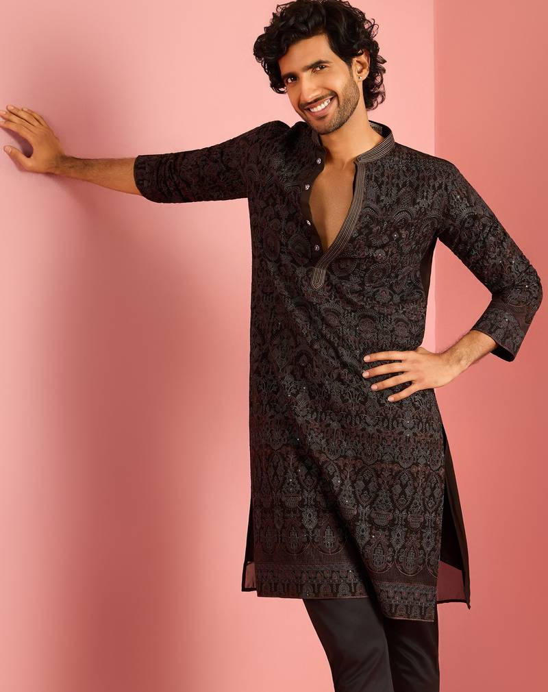 black kashmiri embroidered georgette kurta | wedding eid festive wear