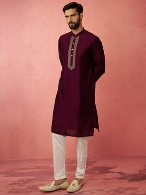 vastramay men's wine silk kurta with cream pyjama - embroidered festive set 4