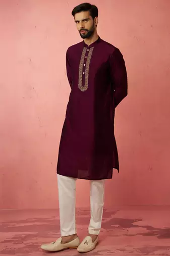 vastramay men's wine silk kurta with cream pyjama - embroidered festive set