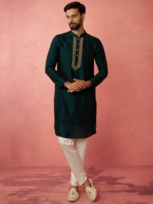 vastramay men's bottle green silk kurta with cream pyjama - wedding set 1