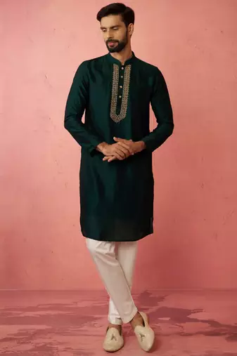 vastramay men's bottle green silk kurta with cream pyjama - wedding set