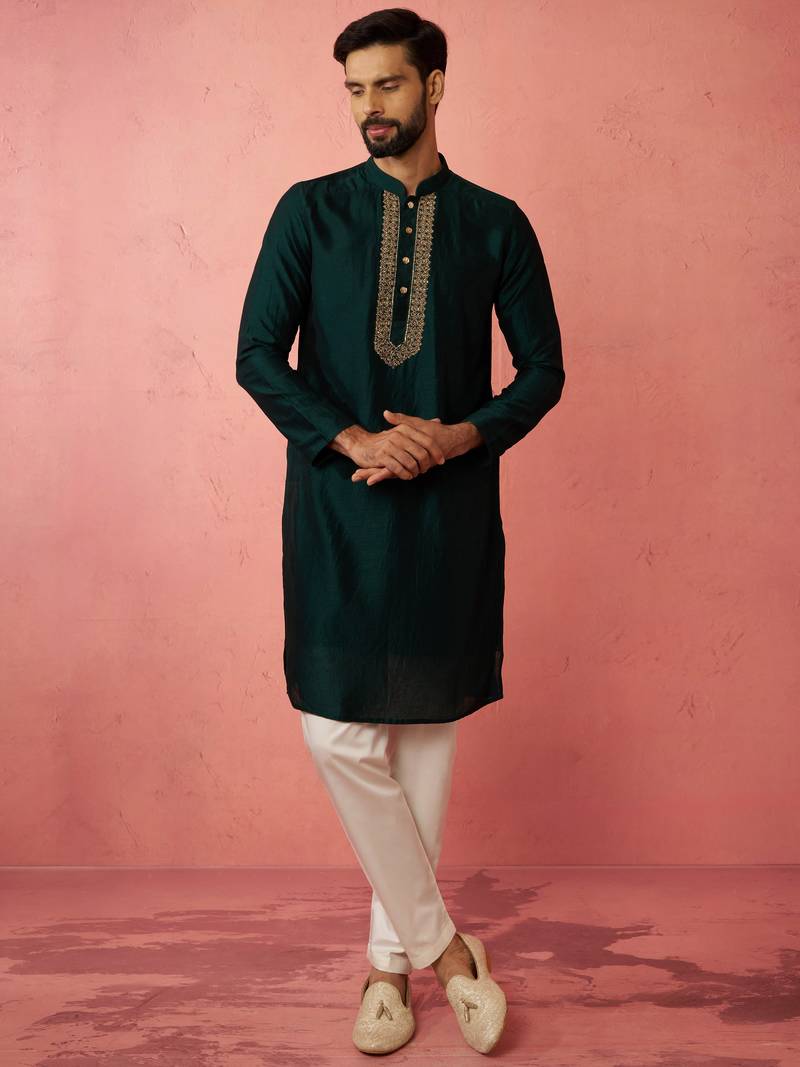 vastramay men's bottle green silk kurta with cream pyjama - wedding set