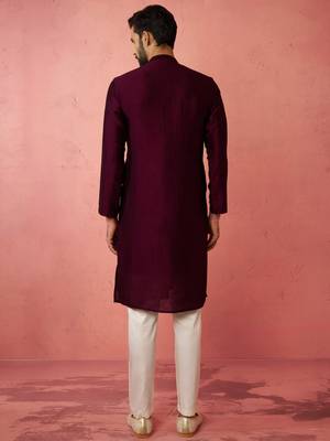 vastramay men's wine silk kurta with cream pyjama - embroidered festive set 5