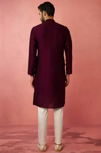 vastramay men's wine silk kurta with cream pyjama - embroidered festive set