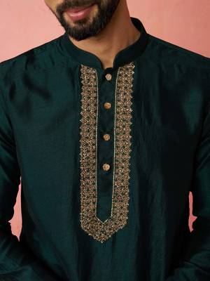 vastramay men's bottle green silk kurta with cream pyjama - wedding set 2