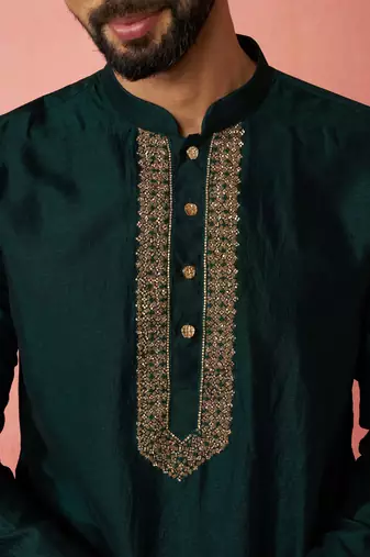 vastramay men's bottle green silk kurta with cream pyjama - wedding set