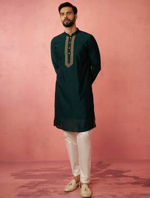 vastramay men's bottle green silk kurta with cream pyjama - wedding set 3
