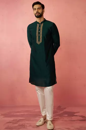 vastramay men's bottle green silk kurta with cream pyjama - wedding set