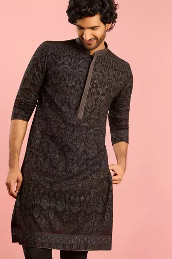 black kashmiri embroidered georgette kurta | wedding eid festive wear