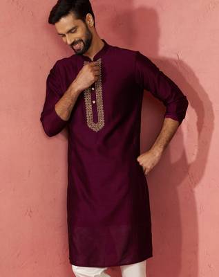 vastramay men's wine vichitra silk kurta - traditional embroidered wedding ethnic wear 1