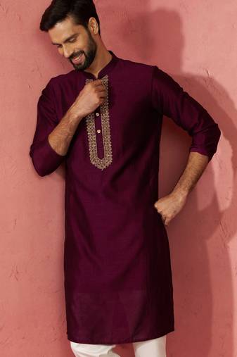 vastramay men's wine vichitra silk kurta - traditional embroidered wedding ethnic wear