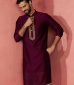 vastramay men's wine vichitra silk kurta - traditional embroidered wedding ethnic wear