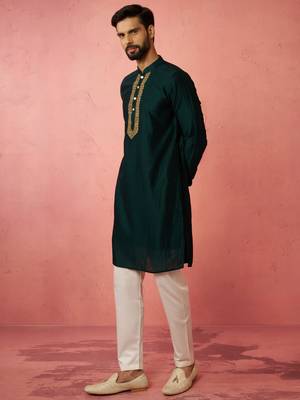 vastramay men's bottle green silk kurta with cream pyjama - wedding set 4