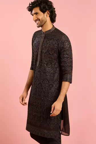 black kashmiri embroidered georgette kurta | wedding eid festive wear