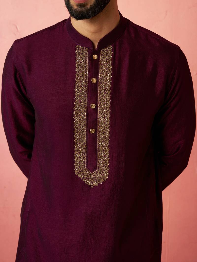 vastramay men's wine vichitra silk kurta - traditional embroidered wedding ethnic wear