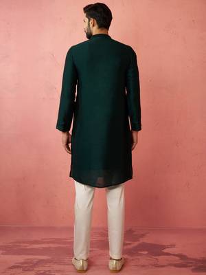 vastramay men's bottle green silk kurta with cream pyjama - wedding set 5