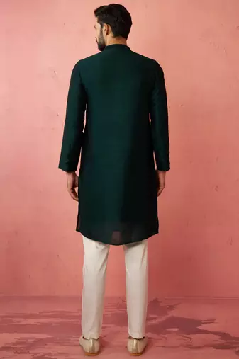 vastramay men's bottle green silk kurta with cream pyjama - wedding set