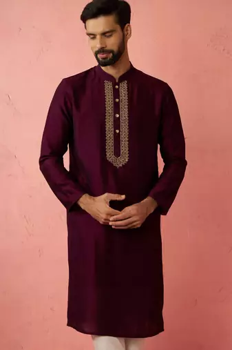 vastramay men's wine vichitra silk kurta - traditional embroidered wedding ethnic wear