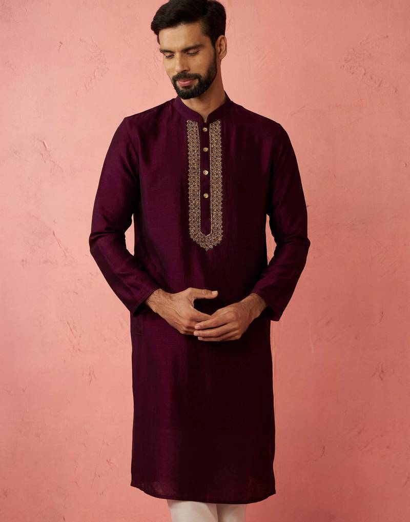 vastramay men's wine vichitra silk kurta - traditional embroidered wedding ethnic wear
