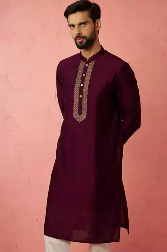 vastramay men's wine vichitra silk kurta - traditional embroidered wedding ethnic wear