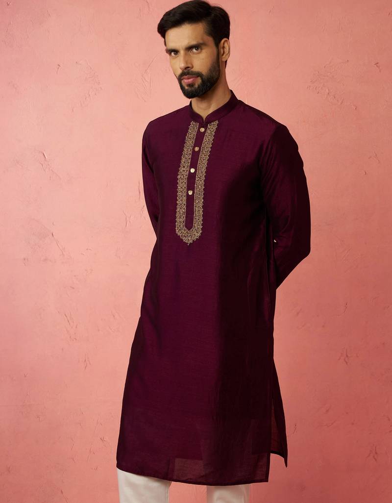vastramay men's wine vichitra silk kurta - traditional embroidered wedding ethnic wear