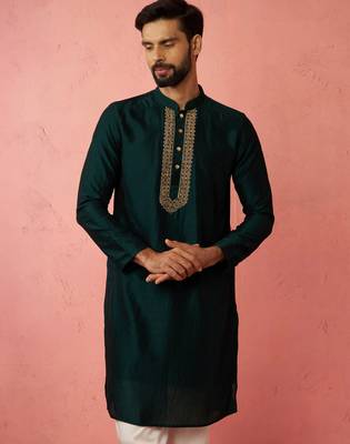 vastramay men's bottle green vichitra silk kurta - traditional embroidered wedding ethnic 1