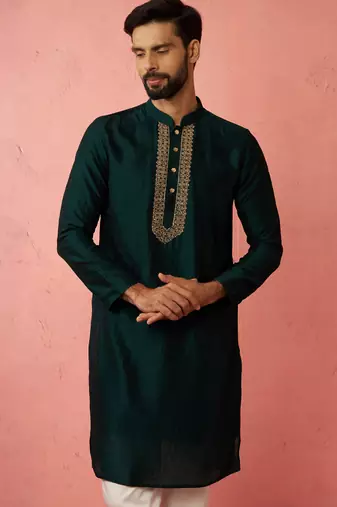 vastramay men's bottle green vichitra silk kurta - traditional embroidered wedding ethnic