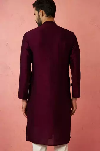 vastramay men's wine vichitra silk kurta - traditional embroidered wedding ethnic wear