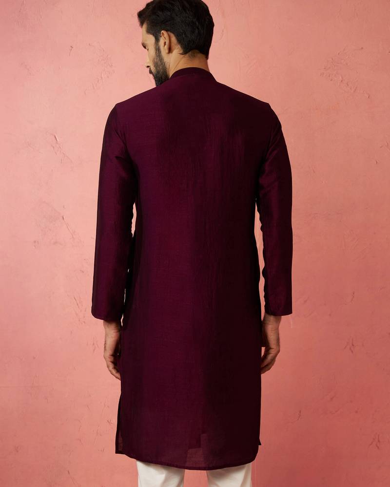 vastramay men's wine vichitra silk kurta - traditional embroidered wedding ethnic wear