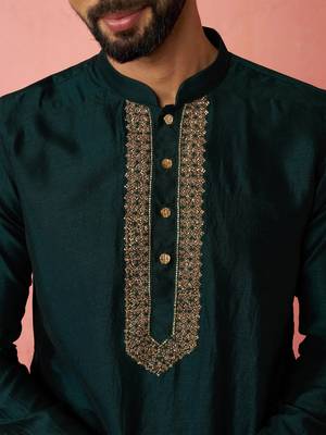 vastramay men's bottle green vichitra silk kurta - traditional embroidered wedding ethnic 2