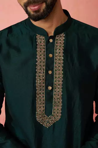 vastramay men's bottle green vichitra silk kurta - traditional embroidered wedding ethnic