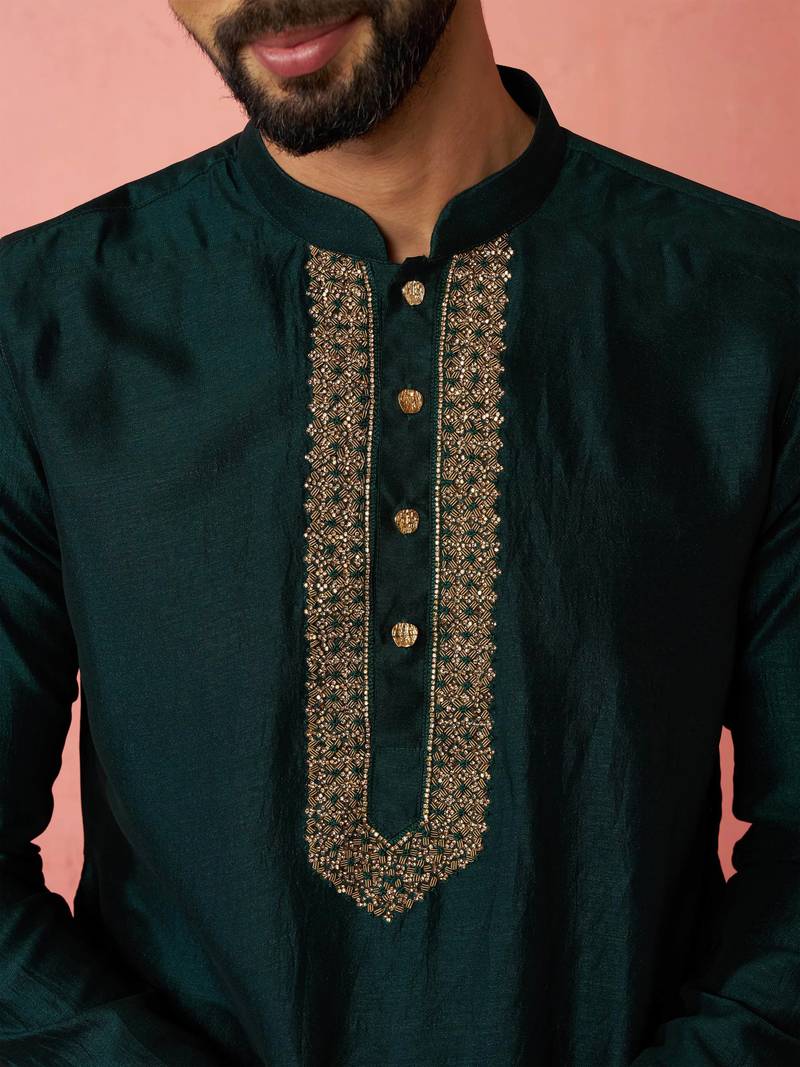 vastramay men's bottle green vichitra silk kurta - traditional embroidered wedding ethnic
