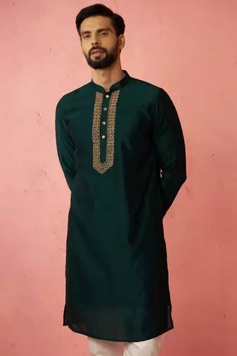 vastramay men's bottle green vichitra silk kurta - traditional embroidered wedding ethnic