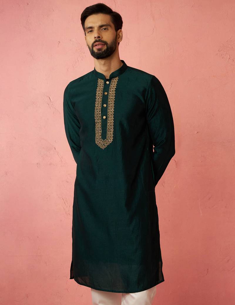 vastramay men's bottle green vichitra silk kurta - traditional embroidered wedding ethnic