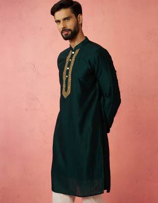 vastramay men's bottle green vichitra silk kurta - traditional embroidered wedding ethnic 4