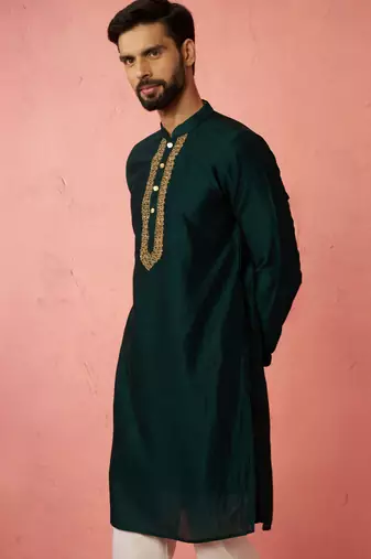 vastramay men's bottle green vichitra silk kurta - traditional embroidered wedding ethnic
